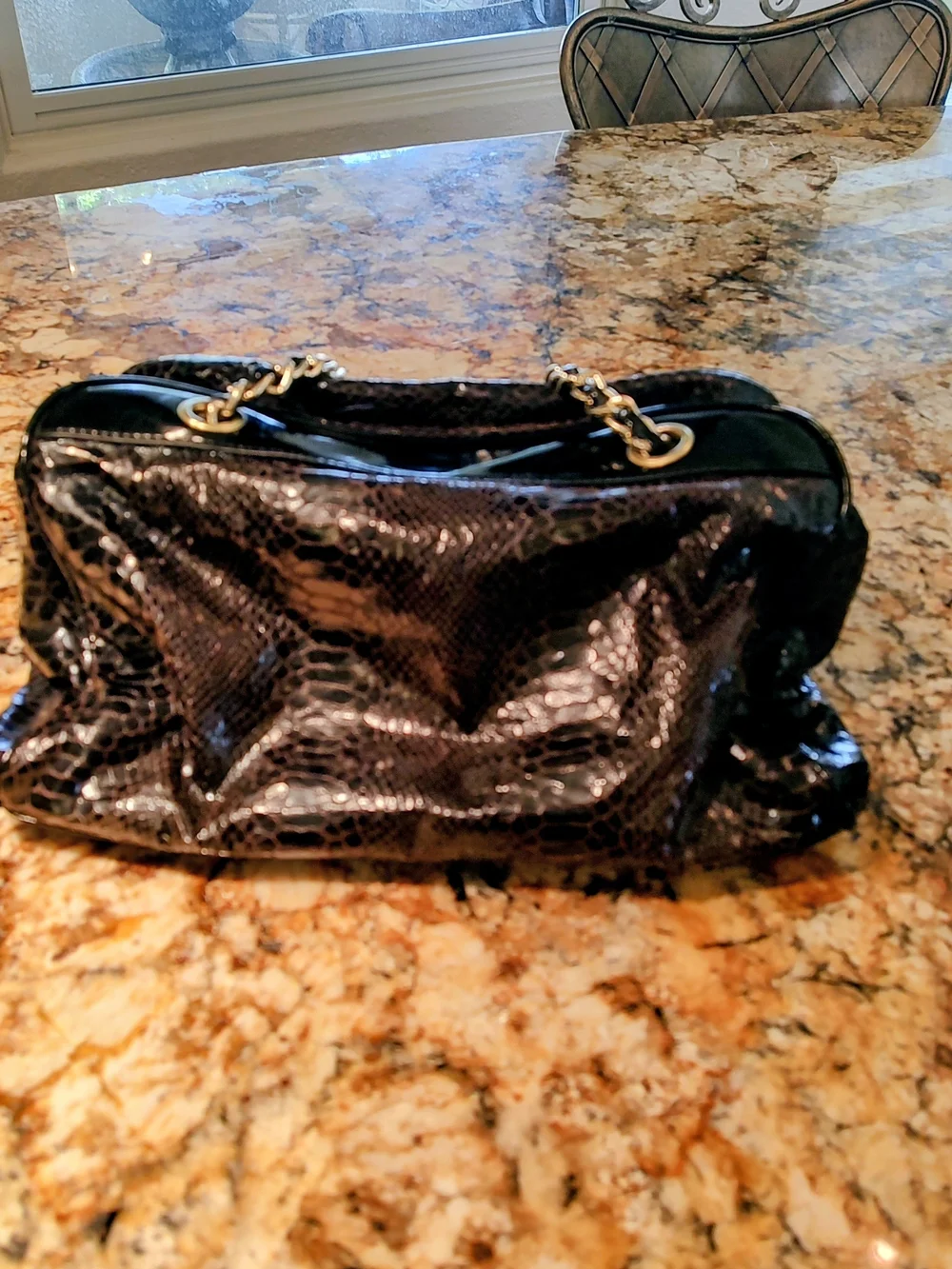 Betsey Johnson Brown and Black Snake-Print Chain Shoulder Bag with Gold Hardware